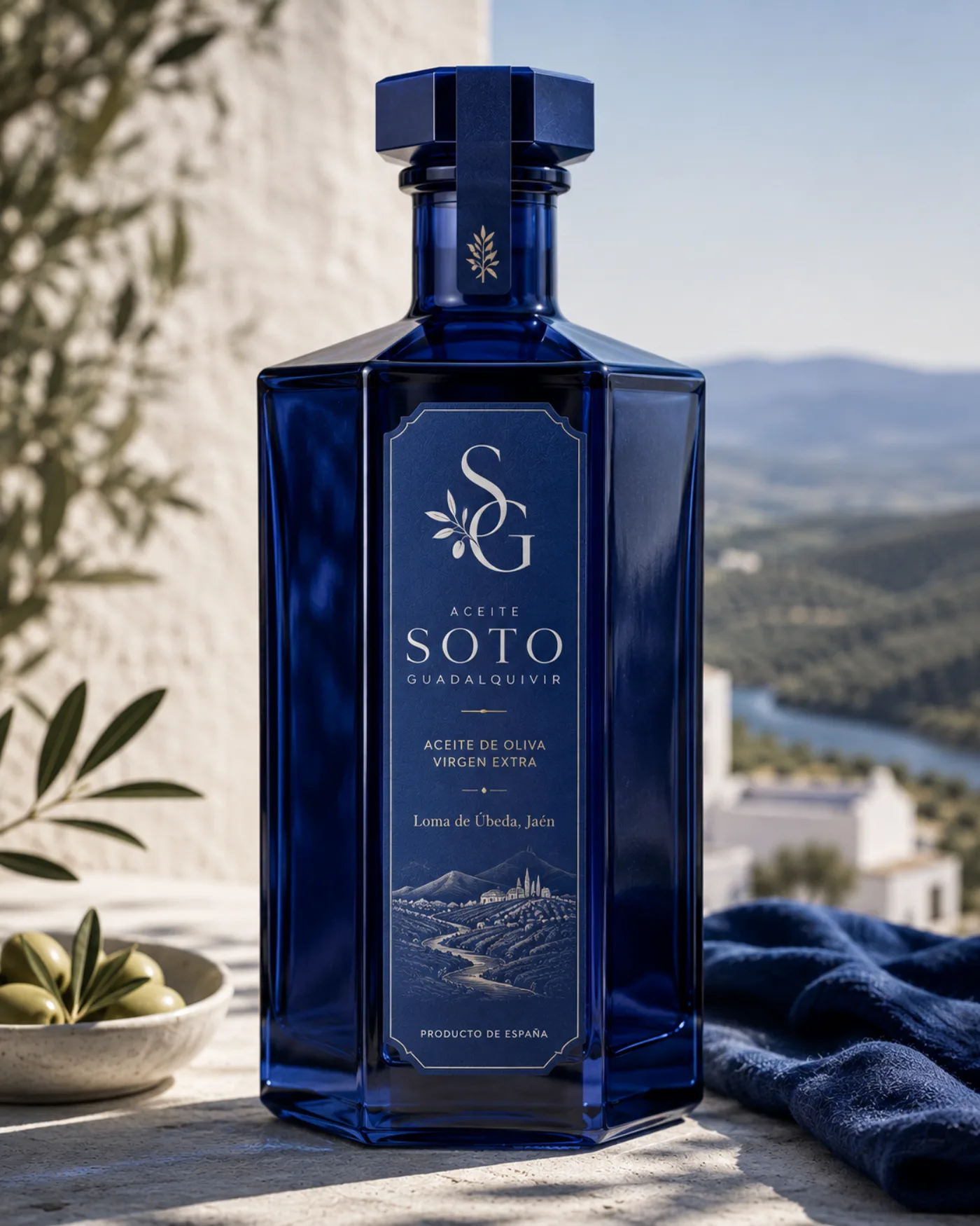 Botella de Soto Guadalquivir sobre un muro de piedra con el valle del Guadalquivir al fondo